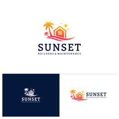 House on the beach logo template, Creative House logo design vector, Sun logo concepts