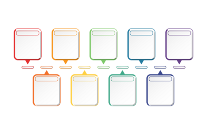 Horizontal timeline or flowchart with nine square elements and space for data. Concept of 9 successive steps of company process.