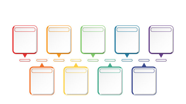 Horizontal timeline or flowchart with nine square elements and space for data. Concept of 9 successive steps of company process.