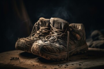 Weathered hiking shoes dried from a challenging trek. Generative AI