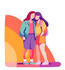 Hugging LGBT girls in rainbow background. Happy lesbian women  together. Bisexual community design. Cartoon character flat vector