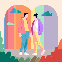 Two gay guys in love together. Homosexual men couple in rainbow background. Two positive LGBT boys family holding hands design. Cartoon character flat vector 