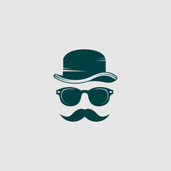 Vintage silhouette of bowler, mustaches, glasses. Vector illustration of gentleman