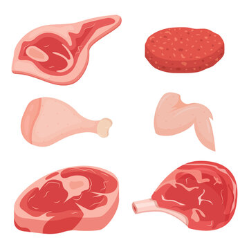 Vector cartoon image of meat products. The concept of farm fresh meat, smoked sausages, etc. Cooking and selling elements for your design.