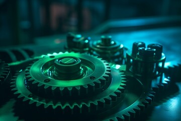 Blue gears and cogs on green plate under spotlight. Industrial machinery in 3D. Generative AI