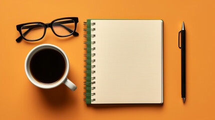 Cup of coffee with notebook, pen and eye glasses on orange background. Top view and copy space. Generative AI.