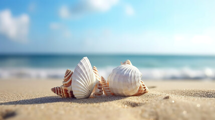 Fototapeta na wymiar Landscape with seashells on tropical beach, summer concept. Generative AI.