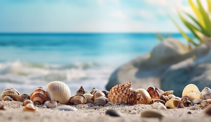 Obraz na płótnie Canvas Landscape with seashells on tropical beach. Generative AI.