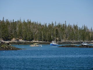 Fototapeta na wymiar Small cove protects the moored lobster boats on North Haven on Vinalhaven Island Maine