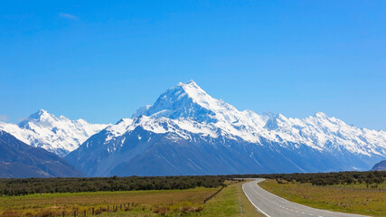 The mountain landscape view of blue sky background over Aoraki mount cook national park,New zealand