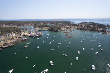 Fototapeta na wymiar Aerial drone image of the protected harbor on Vinalhaven island in Maine