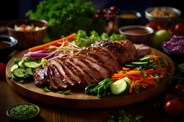A mouth-watering display of traditional Vietnamese char siu pork. AI Generated.