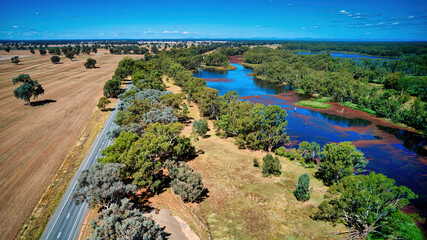 Overhead of Lake Mulwala with red native aquatic fern Azolla filiculoides on the water