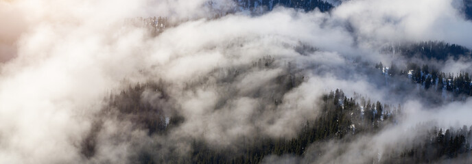 Green Trees on top of Canadian Mountain Landscape covered in Clouds. Aerial View near Vancouver, BC, Canada.