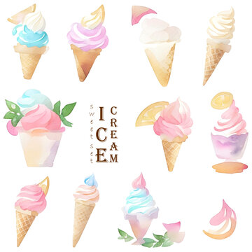 Ice cream,Vanilla ice cream,Chocolate ice cream,Strawberry ice cream,Mint chocolate chip ice cream,Cookies and cream ice cream,Coffee ice cream,Rainbow,Dessert,Sweet,Watercolor,Paint,Coconut ice cream