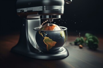 3D rendering of a juicer squeezing the earth globe. Generative AI