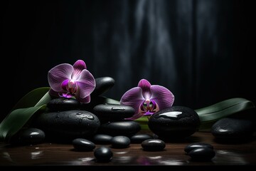 Spa stones, pink orchid, bamboo. Generative AI