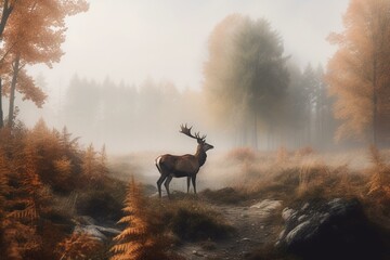 Foggy autumn landscape with deer in a watercolor style banner. Generative AI