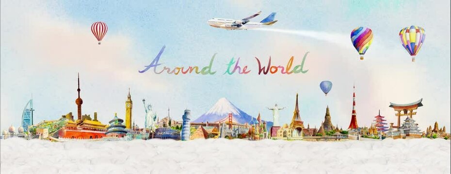 Travel famous landmarks of the worlds, Travel around the world in animation with airplane and hot air balloons popular tourist attraction. Illustration animate for advertising. 