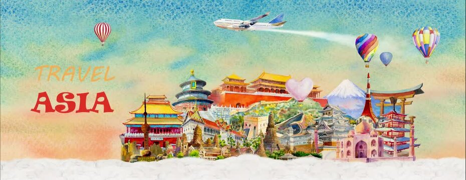 Landmark painting animation travel famous landmarks of the worlds in Asia, Travel around the world with airplane and hot air balloons in animation popular tourist attraction.