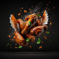 3d realistic rendering the flying delicious spicy chicken wings in black background