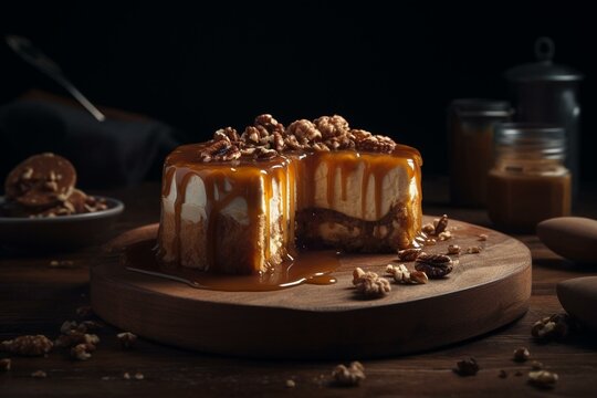 Indulge in a luscious cheesecake with caramel and vanilla. Generative AI