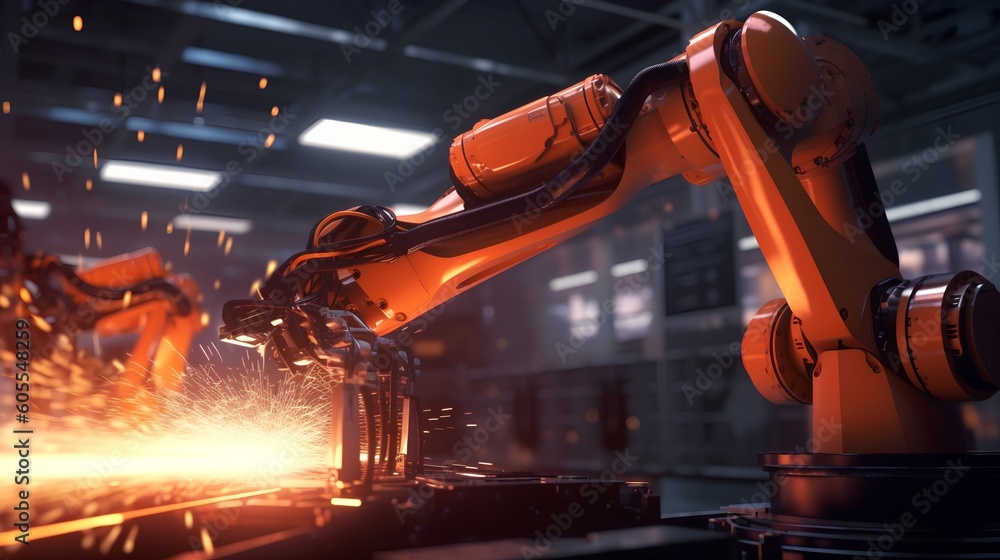 Poster a robotic hand welding, signifying smart factory operations and the industry 4.0 revolution. the aut