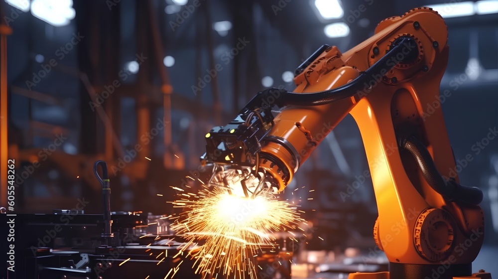 Poster a robotic hand welding, signifying smart factory operations and the industry 4.0 revolution. the aut
