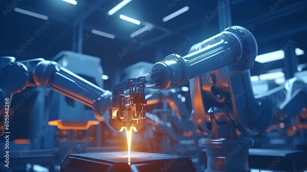 Poster a robotic hand welding, signifying smart factory operations and the industry 4.0 revolution. the aut