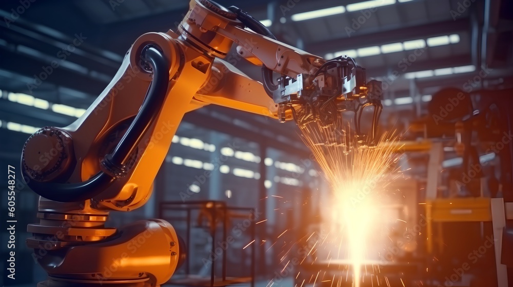 Poster a robotic hand welding, signifying smart factory operations and the industry 4.0 revolution. the aut