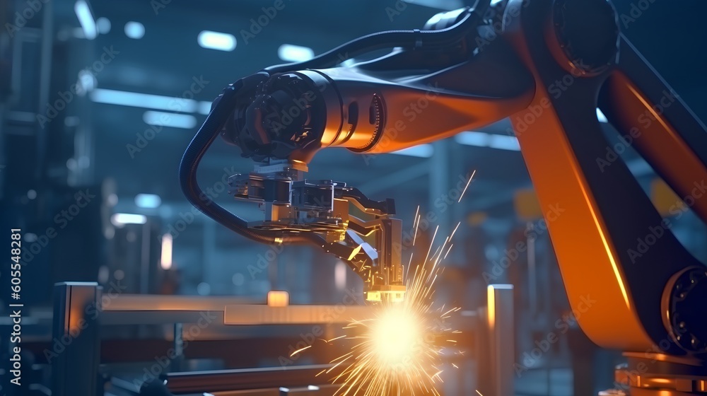 Poster a robotic hand welding, signifying smart factory operations and the industry 4.0 revolution. the aut