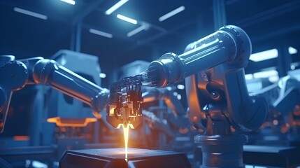 A robotic hand welding, signifying smart factory operations and the Industry 4.0 revolution. The automation and digital transformation in modern manufacturing processes. Generative AI