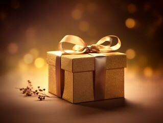 A gift box with a golden ribbon on warm red yellow background with bokeh and sparkles. AI generated