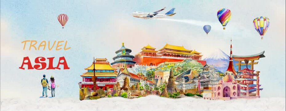 Landmark painting animation travel famous landmarks of the worlds in Asia, Travel around the world with airplane and hot air balloons in animation popular tourist attraction.