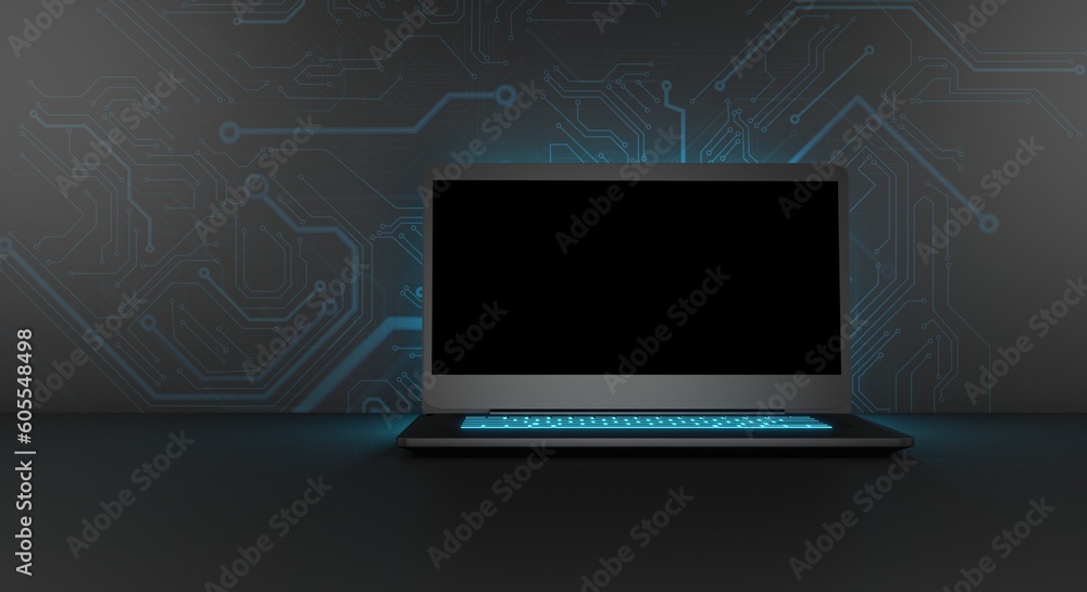Poster futuristic workspace with laptop copy space on circuit board background.3d rendering