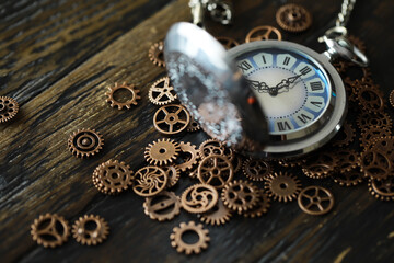 Old clock macro. Closeup of gears from clock works. rusty mechanism in the old clock