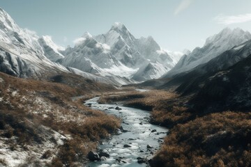 Fototapeta na wymiar Snowy mountain range towering over winding river below. Generative AI