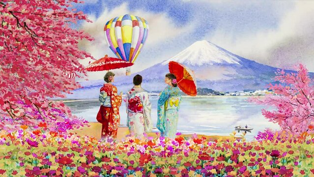 Travel landmark Japan with paintings animation style to Tokyo with Japanese lady in kimono and airplane, balloons, Watercolor painting tour landmarks Japan Kyoto with rendering anime background