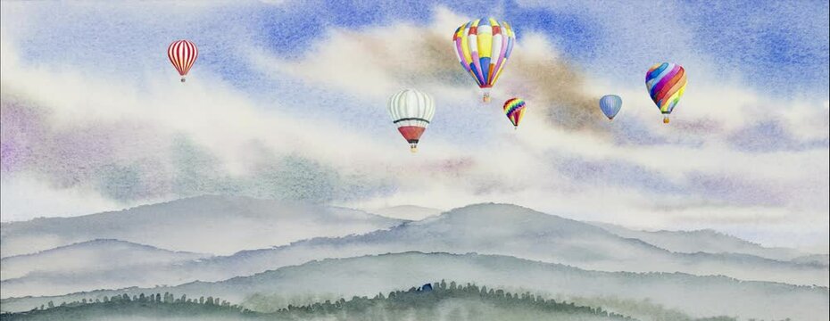 Animation rendering hot air balloon on mountain in the panorama view, Watercolor landscape painting and emotion rural society, nature background. Hand paint abstract illustration animation.