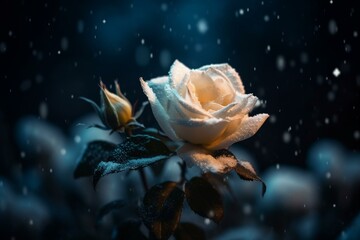 Fototapeta na wymiar Snowy rose in glittering night. Generative AI