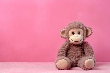 fluffy stuffed toy monkey on a pink background, generative ai