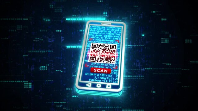 3D blue mobile phone scanning QR Code glowing shining with blue binary code encryption data isolated on digital background, Privacy security protection network encode decode online access concept