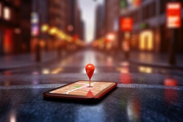 Red point on smartphone with gps navigator icon and map on blur traffic fork in the road in the morning. Generative AI