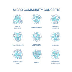 Micro community turquoise concept icons set. Small group. Social cohesion. Mutual aid. Collaborative project. Build community idea thin line color illustrations. Isolated symbols. Editable stroke