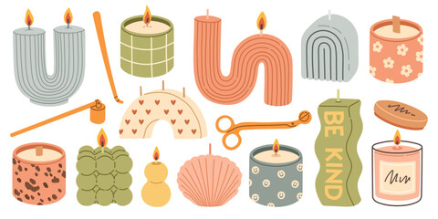 Various Candles. Different shapes and sizes. Pillar, jar candle, square, container candle. Hand drawn trendy Vector set
