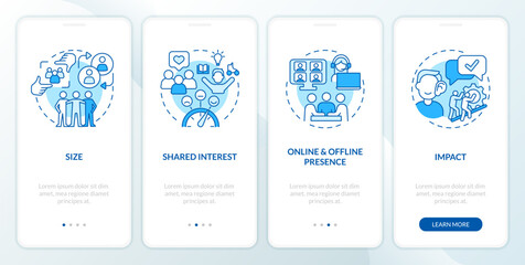Micro community features blue onboarding mobile app screen. Walkthrough 4 steps editable graphic instructions with linear concepts. UI, UX, GUI template. Myriad Pro-Bold, Regular fonts used