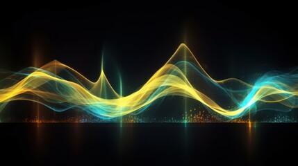 Fototapeta na wymiar Abstract futuristic background with green and yellow glowing neon moving high speed wave lines and bokeh lights. Visualization of sound waves. Data transfer concept. Fantastic wallpaper. Generative AI