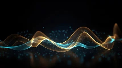 Foto op Plexiglas Fractale golven Abstract futuristic background with gold and blue glowing neon moving high speed wave lines and bokeh lights. Visualization of sound waves. Data transfer concept. Fantastic wallpaper. Generative AI
