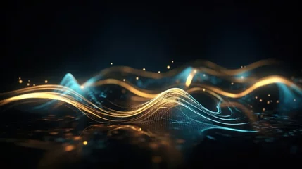 Gardinen Abstract futuristic background with gold and blue glowing neon moving high speed wave lines and bokeh lights. Visualization of sound waves. Data transfer concept. Fantastic wallpaper. Generative AI © Matyfiz