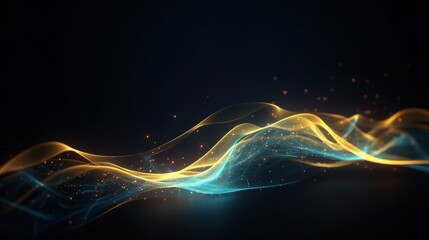 Abstract futuristic background with gold and blue glowing neon moving high speed wave lines and bokeh lights. Visualization of sound waves. Data transfer concept. Fantastic wallpaper. Generative AI
